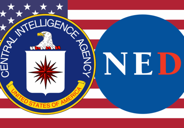 CIA and NED logos with the US flag in the background. Photo: CaitlinJohnstone.com/file photo.