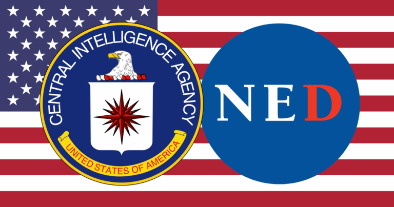 CIA and NED logos with the US flag in the background. Photo: CaitlinJohnstone.com/file photo.