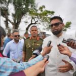 Guyanese President Irfaan Ali addresses reporters. Photo: News Source Guyana.