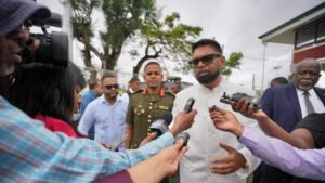 Guyanese President Irfaan Ali addresses reporters. Photo: News Source Guyana.
