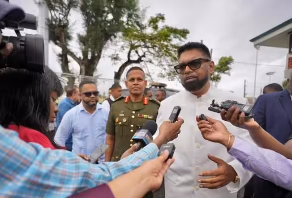 Guyanese President Irfaan Ali addresses reporters. Photo: News Source Guyana.
