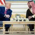 US President Donald Trump and Saudi Crown Prince Mohammed Bin Salman talk before a coffee ceremony at the Royal Court in Riyadh on 13 May, 2025. Photo: AFP.