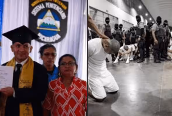 Left Photo: Inmate in Nicaragua receives diploma (19 Digital). Right Photo: Inmates dehumanized in El Salvador (El Salvador Presidency handout/Anadolu/Getty Images).