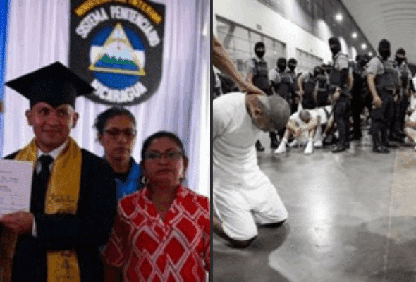 Left Photo: Inmate in Nicaragua receives diploma (19 Digital). Right Photo: Inmates dehumanized in El Salvador (El Salvador Presidency handout/Anadolu/Getty Images).