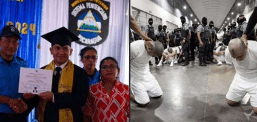 Left Photo: Inmate in Nicaragua receives diploma (19 Digital). Right Photo: Inmates dehumanized in El Salvador (El Salvador Presidency handout/Anadolu/Getty Images).