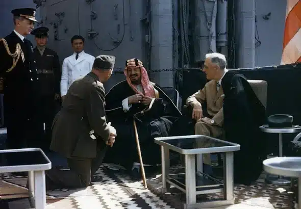 More details Ibn Saud converses with U.S. president Franklin D. Roosevelt in 1945. Photo: al-akhbar/file photo.