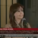 Former president of Argentina, Cristina Fernández de Kirchner delivers a speech to supporters, following the Supreme Court verdict against her in a case widely considered as lawfare. Photo: Screenshot/Telesur.