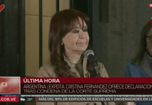 Former president of Argentina, Cristina Fernández de Kirchner delivers a speech to supporters, following the Supreme Court verdict against her in a case widely considered as lawfare. Photo: Screenshot/Telesur.