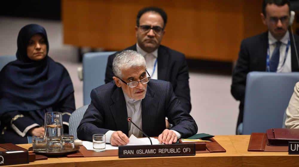 Iran’s permanent representative to the United Nations, Amir Saeid Iravani, speaking at a session of the UN Security Council in New York. Photo: PressTV/fil photo.