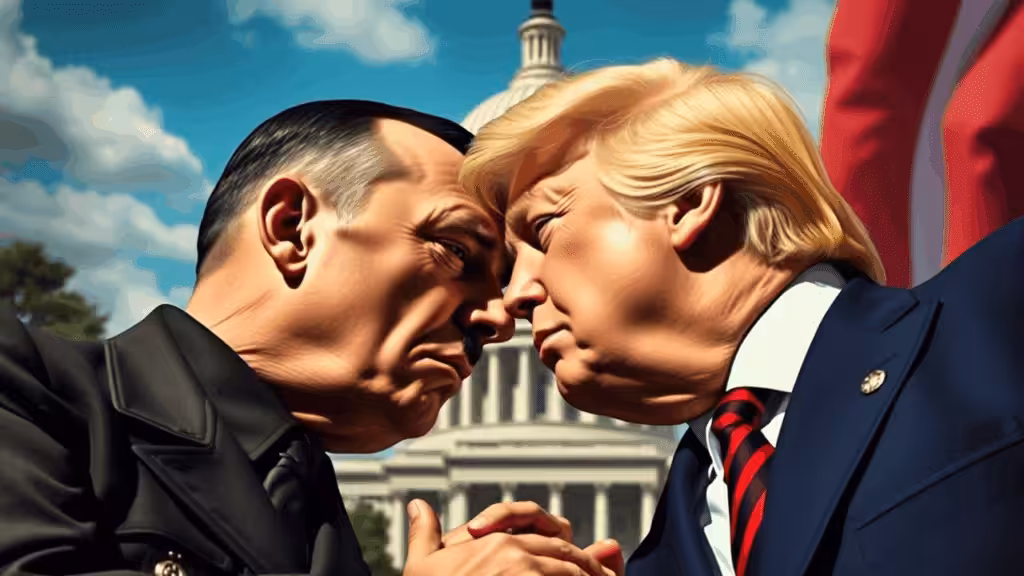 Photo composition showing US President Donald Trump face-to-face with German fascist dictator Adolf Hitler. Photo: AI-generated/Qwen.