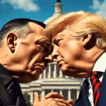 Photo composition showing US President Donald Trump face-to-face with German fascist dictator Adolf Hitler. Photo: AI-generated/Qwen.