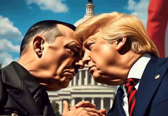 Photo composition showing US President Donald Trump face-to-face with German fascist dictator Adolf Hitler. Photo: AI-generated/Qwen.