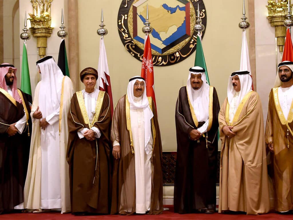 Head of states belonging to the Gulf Cooperation Council pose for a family photo during its 37th annual summit in 2017. Photo: AFP/Getty Images/file photo.