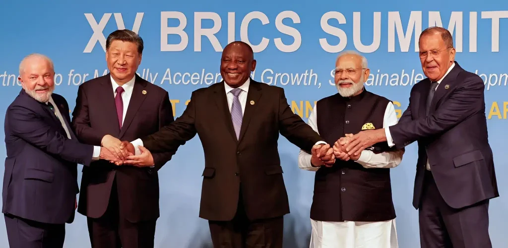 From left to right, Luiz Inácio Lula da Silva (Brazil), Xi Jinping (China), Cyril Ramaphosa (South Africa), Narendra Modi (India), and Sergei Lavrov (Russia) at the BRICS summit in Johannesburg, South Africa, in 2023. Photograph: Reuters/file photo.