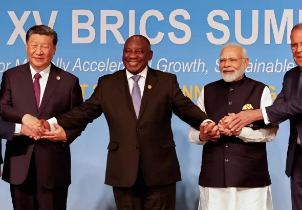 From left to right, Luiz Inácio Lula da Silva (Brazil), Xi Jinping (China), Cyril Ramaphosa (South Africa), Narendra Modi (India), and Sergei Lavrov (Russia) at the BRICS summit in Johannesburg, South Africa, in 2023. Photograph: Reuters/file photo.