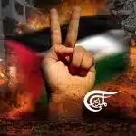 A Palestinian hand behind a hand showing the victory sign. In the background war destruction sketches. Photo. Al Mayadeen.