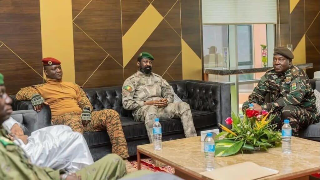 (Left to right) Captain Ibrahim Traoré of Burkina Faso, Colonel Assimi Goïta of Mali, and General Abdourahamane Tchiani of Niger. Photo: CGTN.