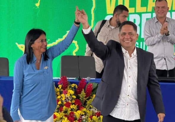 Venezuelan Vice President Delcy Rodríguez with the newly elected governor of Guayana Esequiba, Neil Villamizar, at the latter's swearing-in ceremony, June 5, 2025. Photo: Comisión Esequibo.