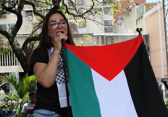Venezuelan activist Hindu Anderi at a Palestine solidarity event in Caracas. Photo: Enrique Hernández/CiudadCCS.