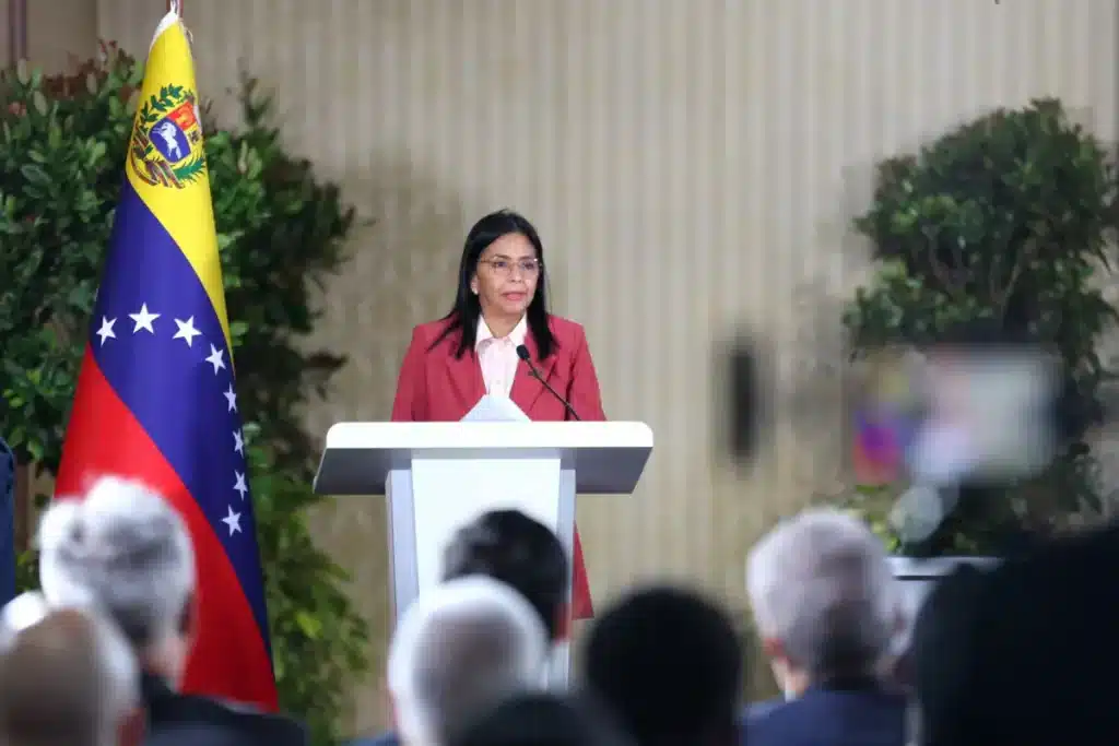 Venezuelan Vice President Delcy Rodriguez addressing the diplomatic corps at the Casa Amarilla, headquarters of the Venezuelan Foreign Ministry, in Caracas on June 23, 2025. Photo: Vice Presidency Press.