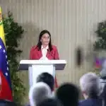 Venezuelan Vice President Delcy Rodriguez addressing the diplomatic corps at the Casa Amarilla, headquarters of the Venezuelan Foreign Ministry, in Caracas on June 23, 2025. Photo: Vice Presidency Press.