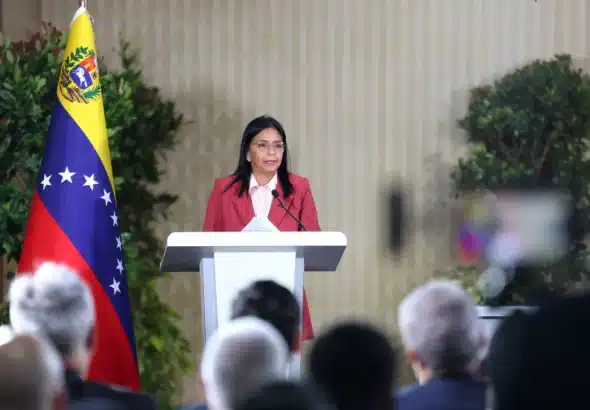 Venezuelan Vice President Delcy Rodriguez addressing the diplomatic corps at the Casa Amarilla, headquarters of the Venezuelan Foreign Ministry, in Caracas on June 23, 2025. Photo: Vice Presidency Press.