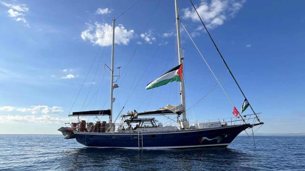 Photo of the Gaza-bound Madleen prior to its departure from Catania, Sicily on June 1, 2025. Photo: Tan Safi/Freedom Flotilla Coalition.