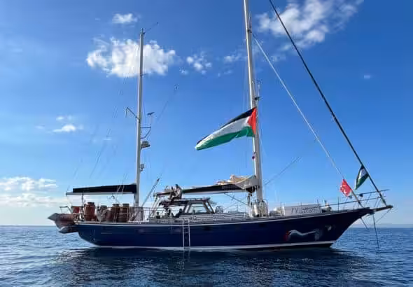 Photo of the Gaza-bound Madleen prior to its departure from Catania, Sicily on June 1, 2025. Photo: Tan Safi/Freedom Flotilla Coalition.