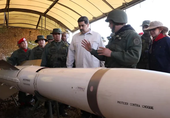 Venezuela's President Nicolás Maduro inspects a rocket as he attends a military exercise in Charallave in 2019. Photo: Presidential Press/File photo.