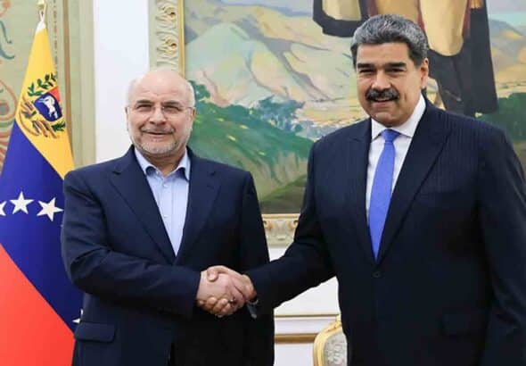 Venezuelan President Nicolas Maduro shaking hands with Mohammad Baqer Qalibaf, president of the Consultative Assembly of Iran, at Miraflores Palace, Caracas, June 2, 2025. Photo: Venezuela's Presidential Press.