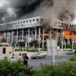 Smoke pours out of the building of Iran's national broadcaster after it was targeted by the Zionist entity. Photo: IRIB.