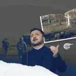 Ukrainian "President" Volodymyr Zelensky, with collages of soldiers and a war-ravaged locality in the background. Illustration: Mahdi Rteil/Al-Mayadeen English.