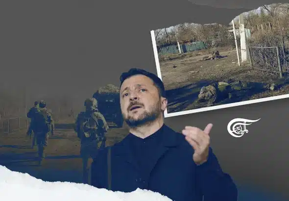 Ukrainian "President" Volodymyr Zelensky, with collages of soldiers and a war-ravaged locality in the background. Illustration: Mahdi Rteil/Al-Mayadeen English.