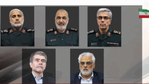 Top from left: Major General Gholam Ali Rashid, commander of the central HQ of the Iranian Armed Forces, IRGC chief Major General Hossein Salami and Chief of Staff of the Armed Forces Major General Mohammad Bagheri. Below from left: Veteran nuclear scientists Fereydoon Abbasi and Mohammad-Mehdi Tehranchi. Photo: PressTV.