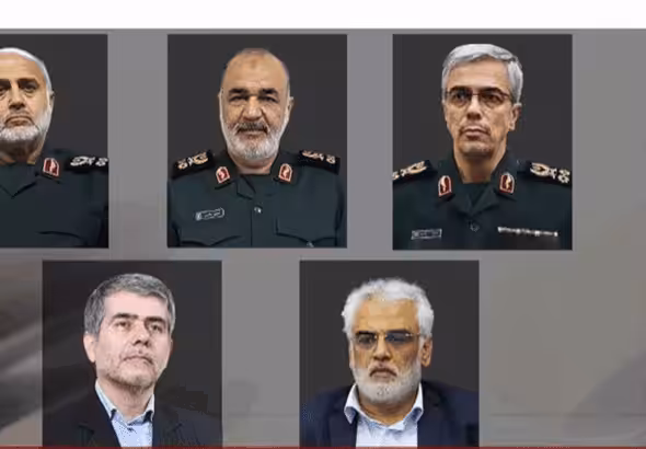 Top from left: Major General Gholam Ali Rashid, commander of the central HQ of the Iranian Armed Forces, IRGC chief Major General Hossein Salami and Chief of Staff of the Armed Forces Major General Mohammad Bagheri. Below from left: Veteran nuclear scientists Fereydoon Abbasi and Mohammad-Mehdi Tehranchi. Photo: PressTV.