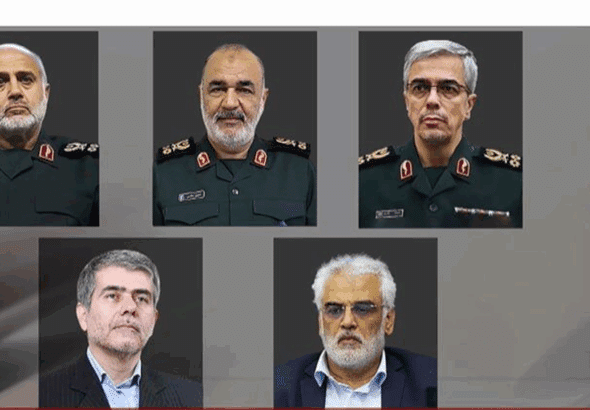 Top from left: Major General Gholam Ali Rashid, commander of the central HQ of the Iranian Armed Forces, IRGC chief Major General Hossein Salami and Chief of Staff of the Armed Forces Major General Mohammad Bagheri. Below from left: Veteran nuclear scientists Fereydoon Abbasi and Mohammad-Mehdi Tehranchi. Photo: PressTV.