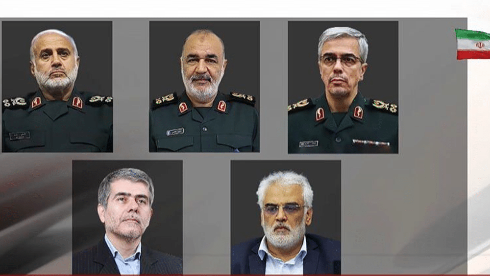 Top from left: Major General Gholam Ali Rashid, commander of the central HQ of the Iranian Armed Forces, IRGC chief Major General Hossein Salami and Chief of Staff of the Armed Forces Major General Mohammad Bagheri. Below from left: Veteran nuclear scientists Fereydoon Abbasi and Mohammad-Mehdi Tehranchi. Photo: PressTV.