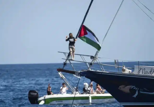 The Freedom Flotilla's Madleen, a beacon of light in the Mediterranean, as it makes its journey to distribute aid in Gaza, Palestine. Photo: AP.