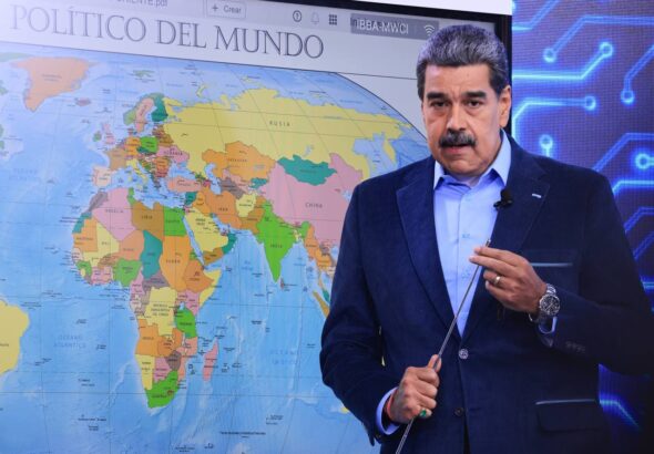 Venezuelan President Nicolas Maduro with a world map in the background on Monday, June 23, 2025. Photo: Presidential Press.