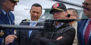 Colombian President Gustavo Petro observing a drone during a military ceremony. Photo: Colombia's Presidential Press.