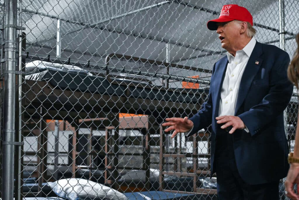 President Donald Trump tours a immigration jail, dubbed "Alligator Alcatraz," located at the site of the Dade-Collier Training and Transition Airport in Ochopee, Florida, on July 1, 2025. Photo: Andrew Caballero-Reynolds/AFP.