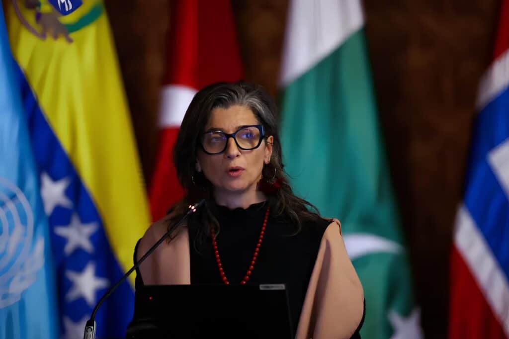 UN Special Rapporteur Francesca Albanese speaks at the Emergency Conference of States, hosted by Colombia and South Africa, to discuss measures against the Zionist entity for its genocide in Gaza, July 15, 2025, Bogota, Colombia. Photo: Luisa González/Reuters.