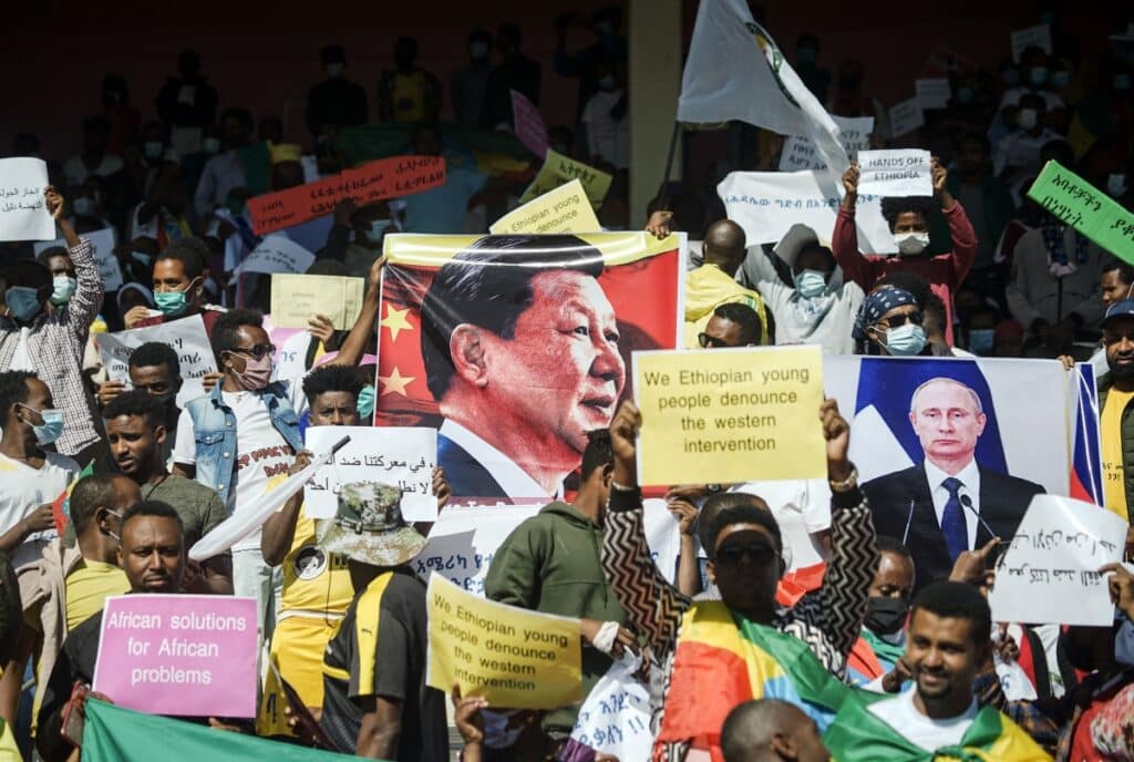 A portrait of China’s President Xi Jinping seen on a demonstration in Ethiopia. Photo: Amanuel Sileshi/AFP/file photo.