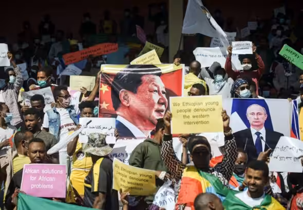A portrait of China’s President Xi Jinping seen on a demonstration in Ethiopia. Photo: Amanuel Sileshi/AFP/file photo.