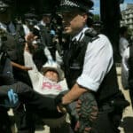 Police arrest a protester during a pro-Palestine demonstration in London, July 12, 2025. Photo: Martin Pope/Getty Images.