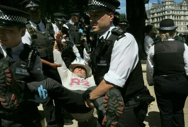 Police arrest a protester during a pro-Palestine demonstration in London, July 12, 2025. Photo: Martin Pope/Getty Images.