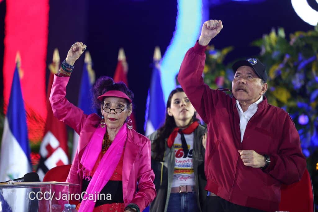 The co-presidents of Nicaragua, Daniel Ortega and Rosario Murillo, at the official event for the commemoration of the 46th anniversary of the triumph of the Sandinista Revolution, July 19, 2025. Photo: Jairo Cajina/CCC.