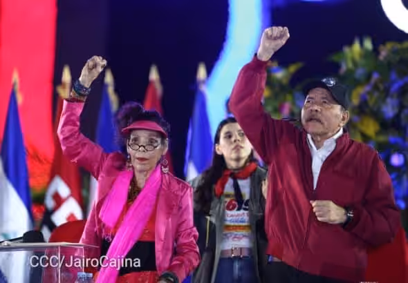 The co-presidents of Nicaragua, Daniel Ortega and Rosario Murillo, at the official event for the commemoration of the 46th anniversary of the triumph of the Sandinista Revolution, July 19, 2025. Photo: Jairo Cajina/CCC.