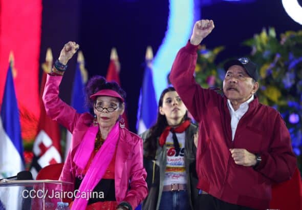 The co-presidents of Nicaragua, Daniel Ortega and Rosario Murillo, at the official event for the commemoration of the 46th anniversary of the triumph of the Sandinista Revolution, July 19, 2025. Photo: Jairo Cajina/CCC.
