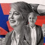 Chilean Communist Party leader Jeannette Jara in a photo composition with sketches of Santiago and the Chilean flag. Photo: Eduardo Ramón/El País.